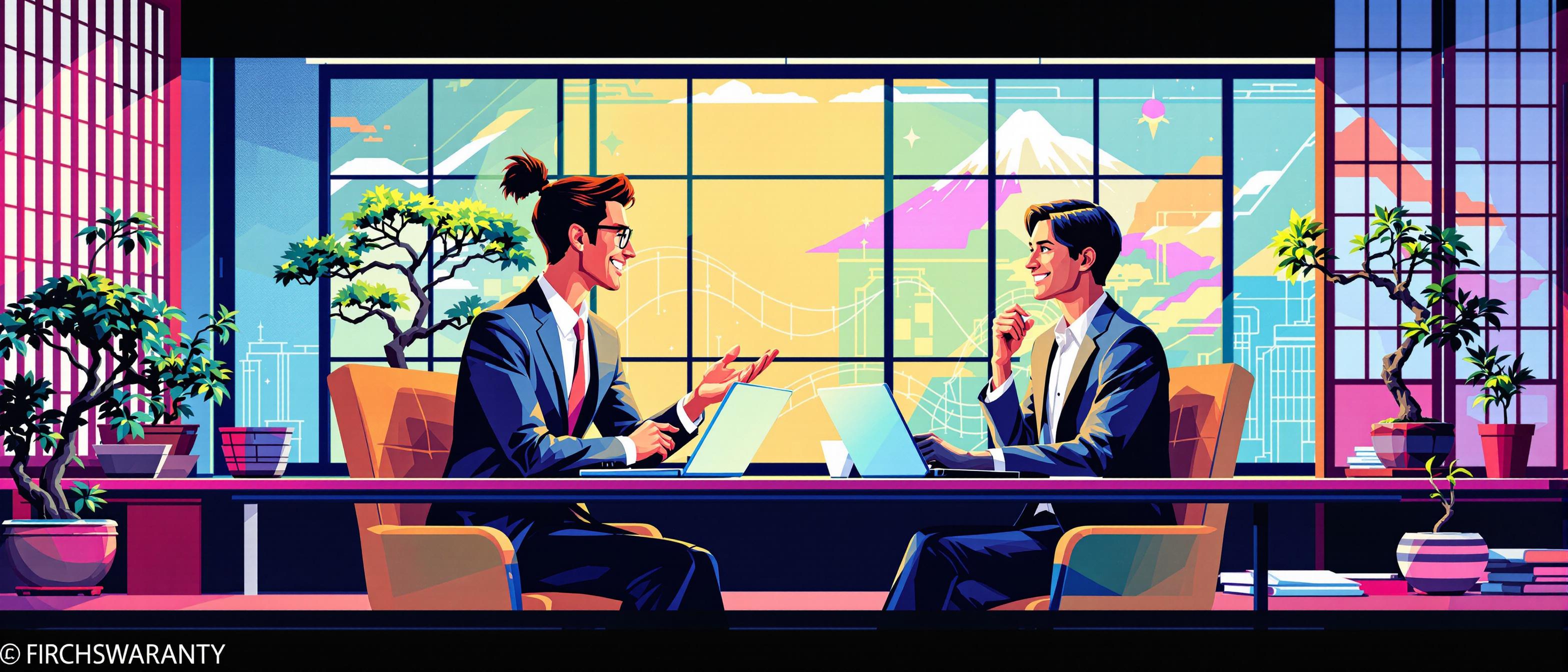 A persuasive pop_art-style scene of two diverse business professionals—one Western, one Japanese—engaging in a friendly, formal discussion. The setting shows a digital workspace blending both cultures’ aesthetics, with vibrant colors, digital devices, and subtle traditional Japanese elements (like a bonsai or shoji screen). The atmosphere highlights cross-cultural respect, partnership, and informed collaboration, without any written content or brand references.