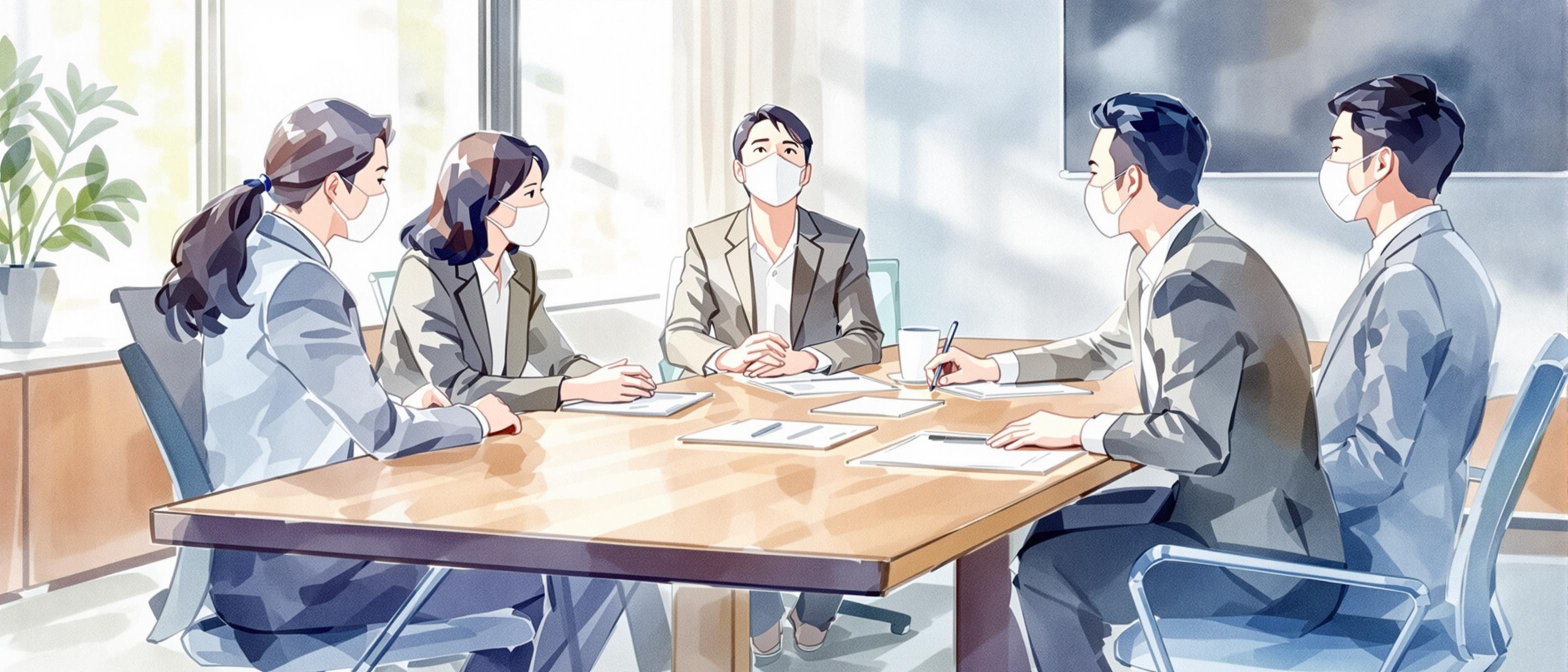 A watercolor illustration depicting a group of Japanese business professionals engaged in a consensus-building onboarding meeting, seated around a polished wooden table in a modern office with gentle natural light, conveying harmony, trust, and structured discussion.