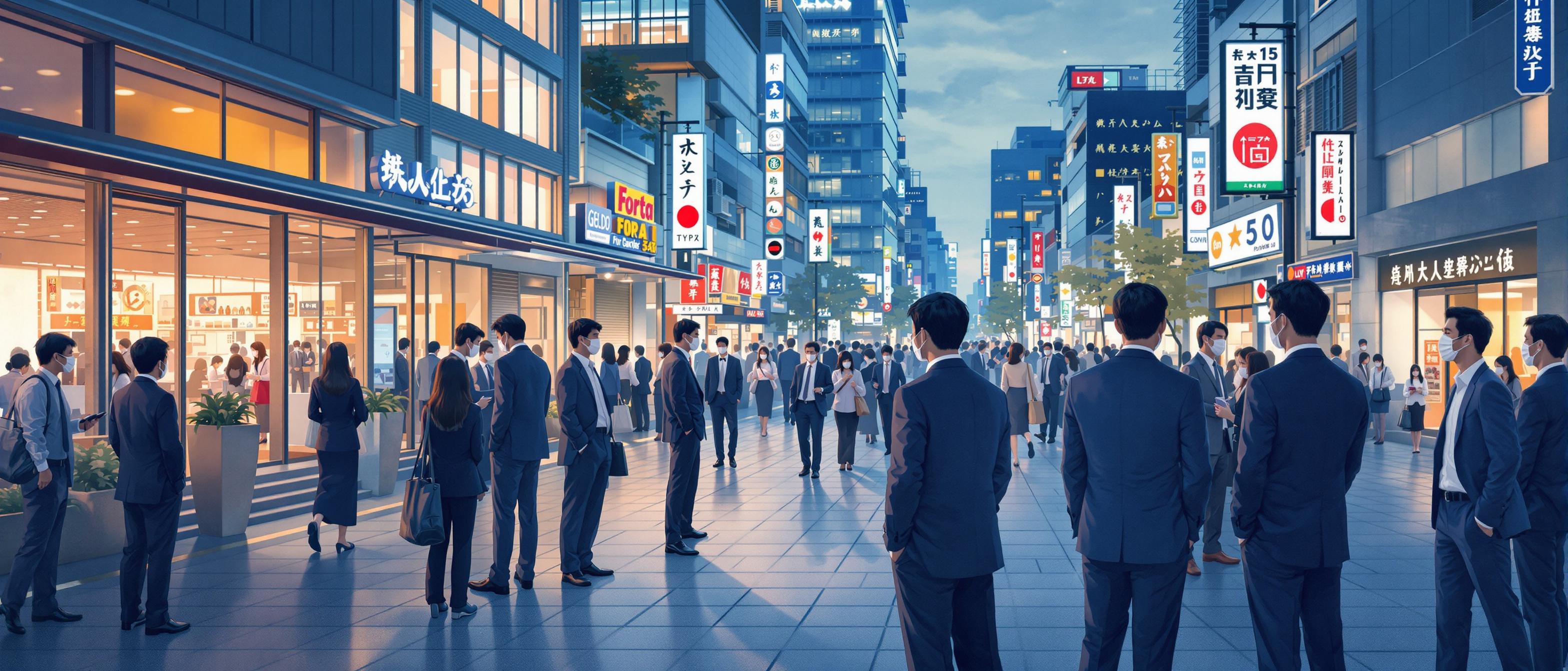 Impressionist style image of a bustling Japanese business district at dusk, with groups of professionals in formal attire engaging in conversation. Background hints at a blend of traditional and modern architecture. The mood is harmonious, subtly conveying themes of respect, collective achievement, and the quiet professionalism central to Japanese business culture. Colors are gentle, featuring blues, greys, and warm highlights to evoke trust and stability.