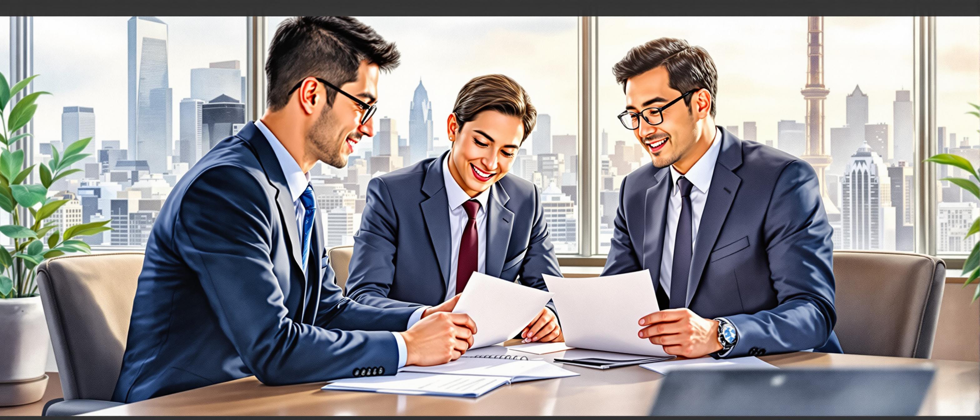 A watercolor depiction of an international legal consultation in Japan: a group of expat and Japanese businesspeople reviewing documents together, with a backdrop of modern office furniture, softly painted city skyline through the windows, and expressions of focus, collaboration, and attention to detail. The image should suggest trust, process, and official business procedures without any specific document text.