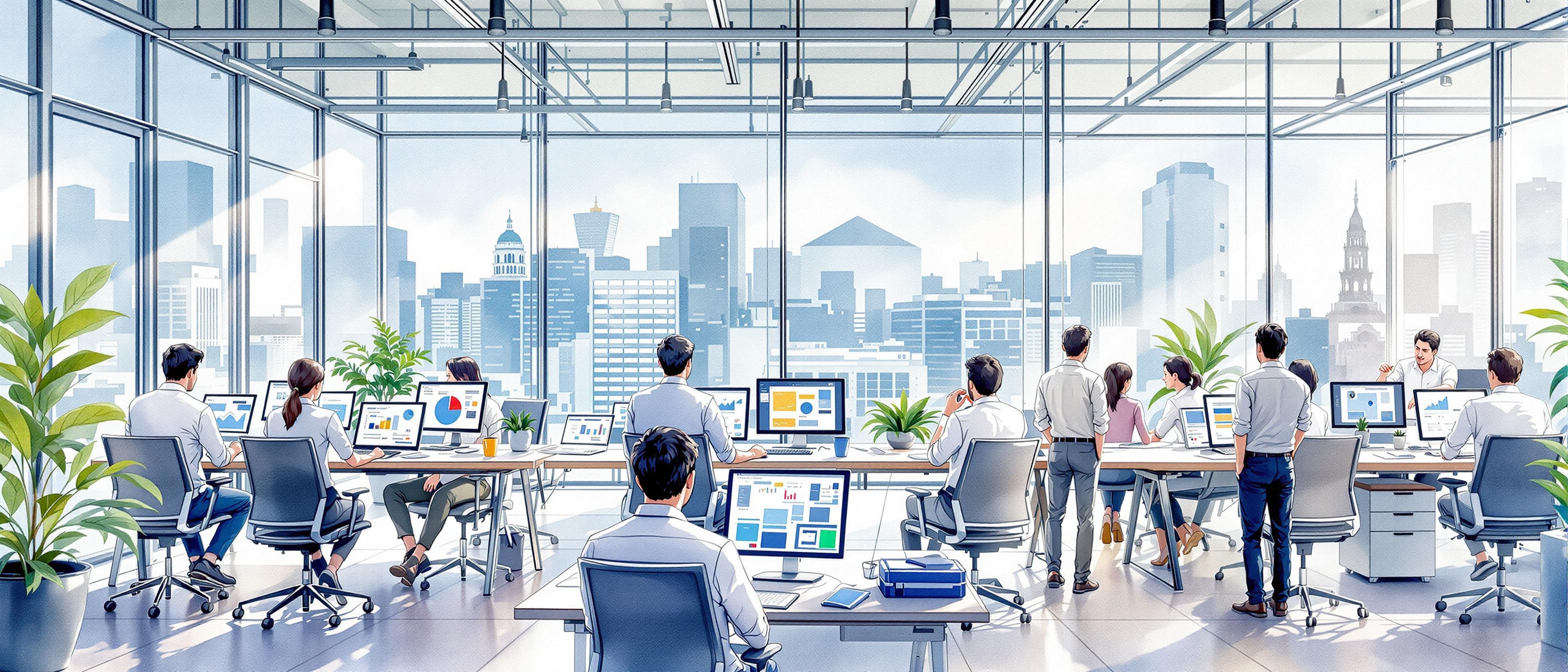 A persuasive watercolor illustration of a SaaS company’s operational setup in Japan: an open office with diverse professionals collaborating, screens displaying technical diagrams (no text), and a backdrop implying robust IT infrastructure. The tone is efficient and forward-looking, suggesting organized preparation, adaptability, and strategic growth.