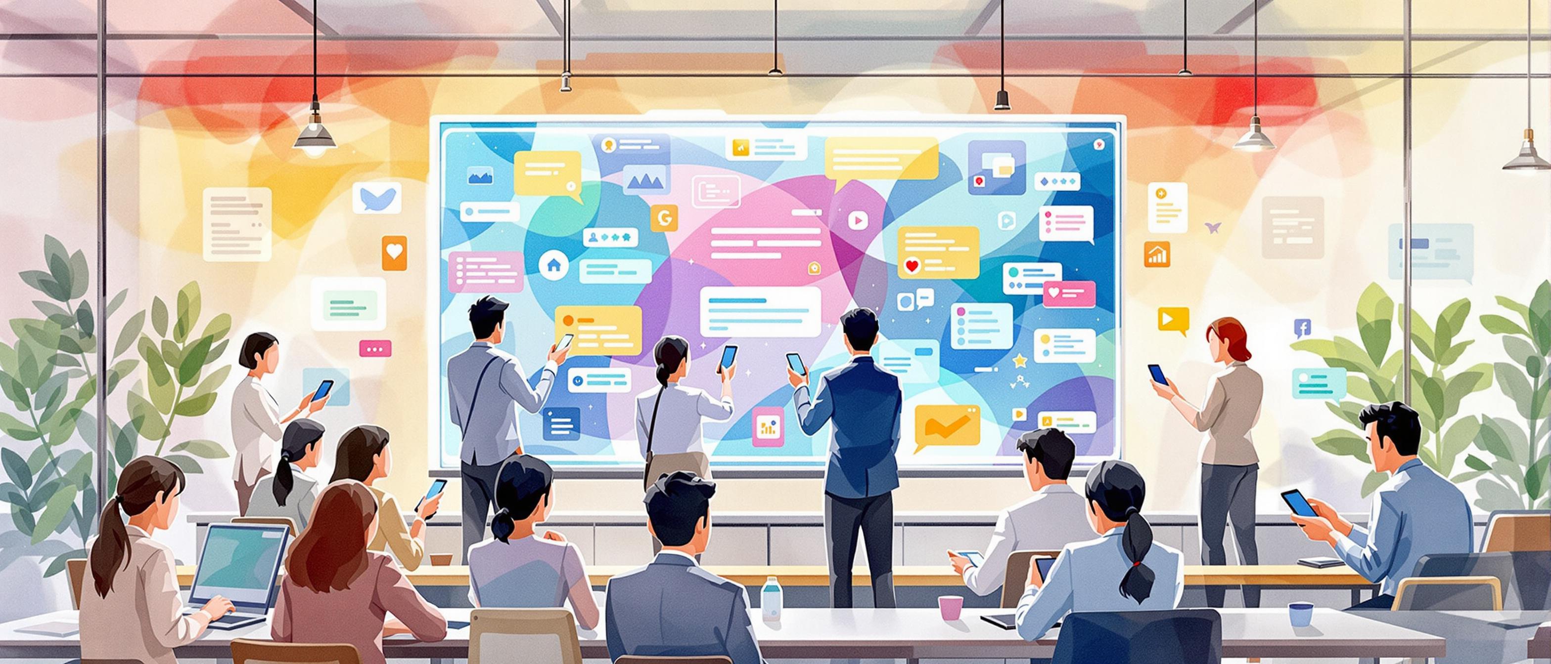 (Persuasive tone, structured for business insight) Watercolor style depiction of a bustling Japanese office environment: professionals using smartphones to interact with a large, colorful digital screen displaying messaging and icons visually inspired by social and business apps. There’s an emphasis on engagement and connection, with subtle cultural details such as people bowing or exchanging business cards, representing the integration of digital platforms in Japanese SaaS marketing.