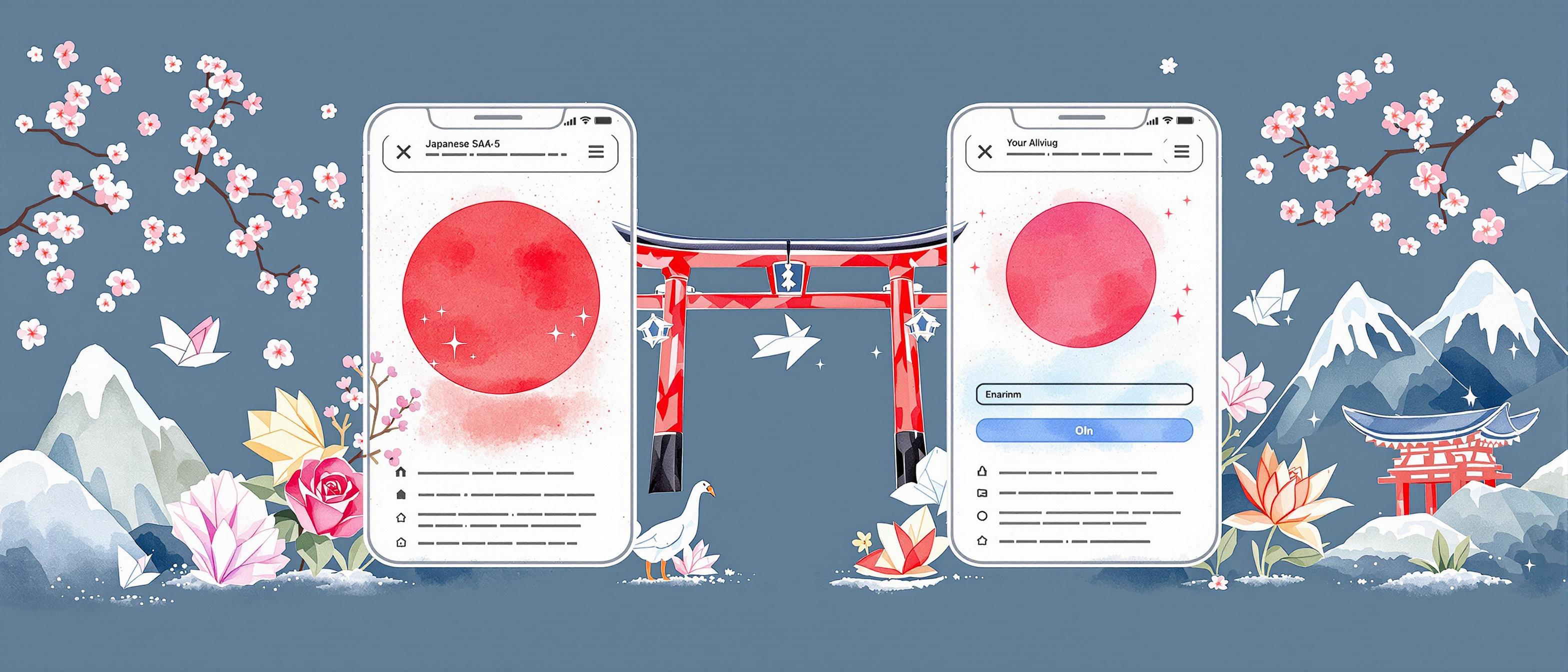 / A watercolor-style illustration showing a SaaS app interface being transformed from English to Japanese, featuring both languages side-by-side, with cultural symbols like cherry blossoms, origami, and a torii gate subtly integrated into the design elements.