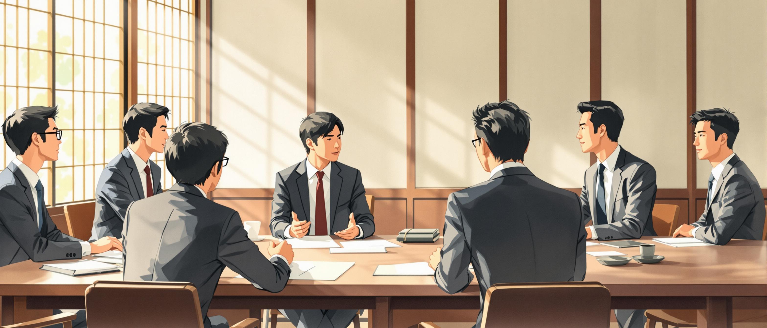(Persuasive tone, structured for business insight) Watercolor style illustration showing a Japanese business meeting scene: several suited professionals sitting around a conference table, engaged in discussion with documents on the table, subtle calligraphy art on the wall, soft natural daylight streaming through traditional shoji screens. The mood is calm, focused, and collaborative, visually reflecting Japan's consensus-driven, multi-layer decision-making business culture.