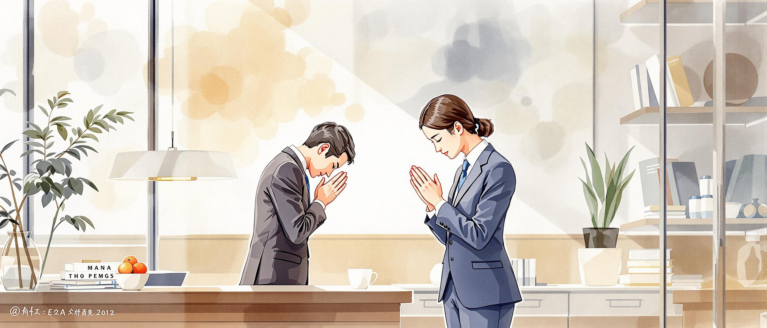 A delicate watercolor scene depicting a Japanese business interaction, with two professionals bowing respectfully to each other in a sleek modern office. Background elements hint at subtle traditional decor, blending modernity and culture. The mood should convey politeness, formality, and mutual respect in communication, emphasizing the importance of keigo in professional settings.