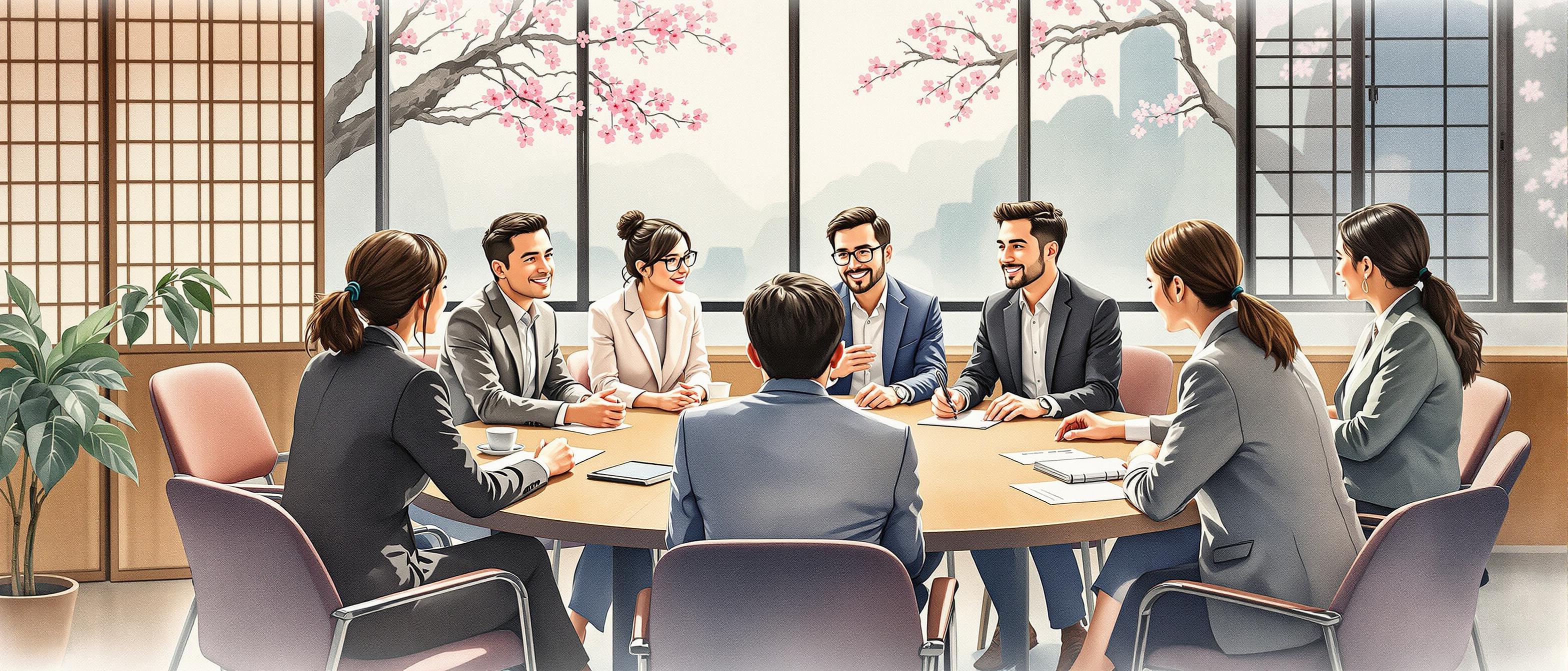 A watercolor illustration depicting a group of diverse business professionals around a round table, engaged in a collaborative discussion. The background suggests a modern office with subtle Japanese elements, such as a paper screen and a cherry blossom outside the window. The mood reflects thoughtful engagement, illustrating consensus-driven decision making and cross-cultural teamwork.