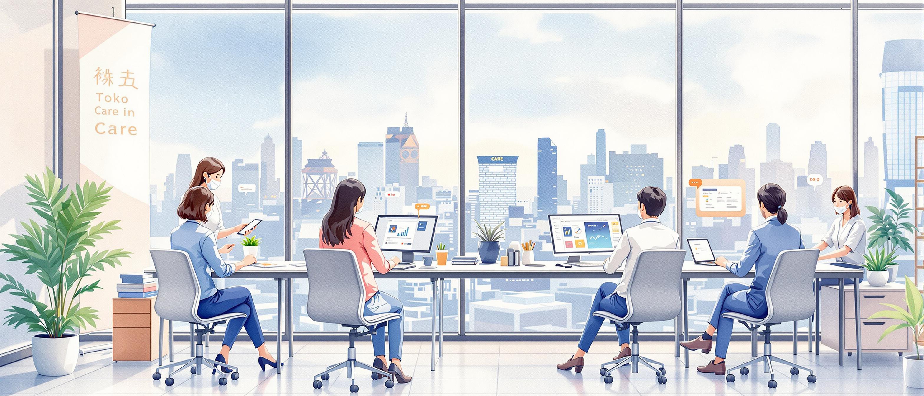 A watercolor depiction of a SaaS support team in a serene, organized office setting, featuring both Japanese and international staff. They are helping customers via multiple communication channels, surrounded by soft technology motifs, banners representing care and professionalism, and a subtle Tokyo cityscape visible through large windows. The atmosphere is attentive and welcoming, emphasizing exceptional multilingual support and customer success.