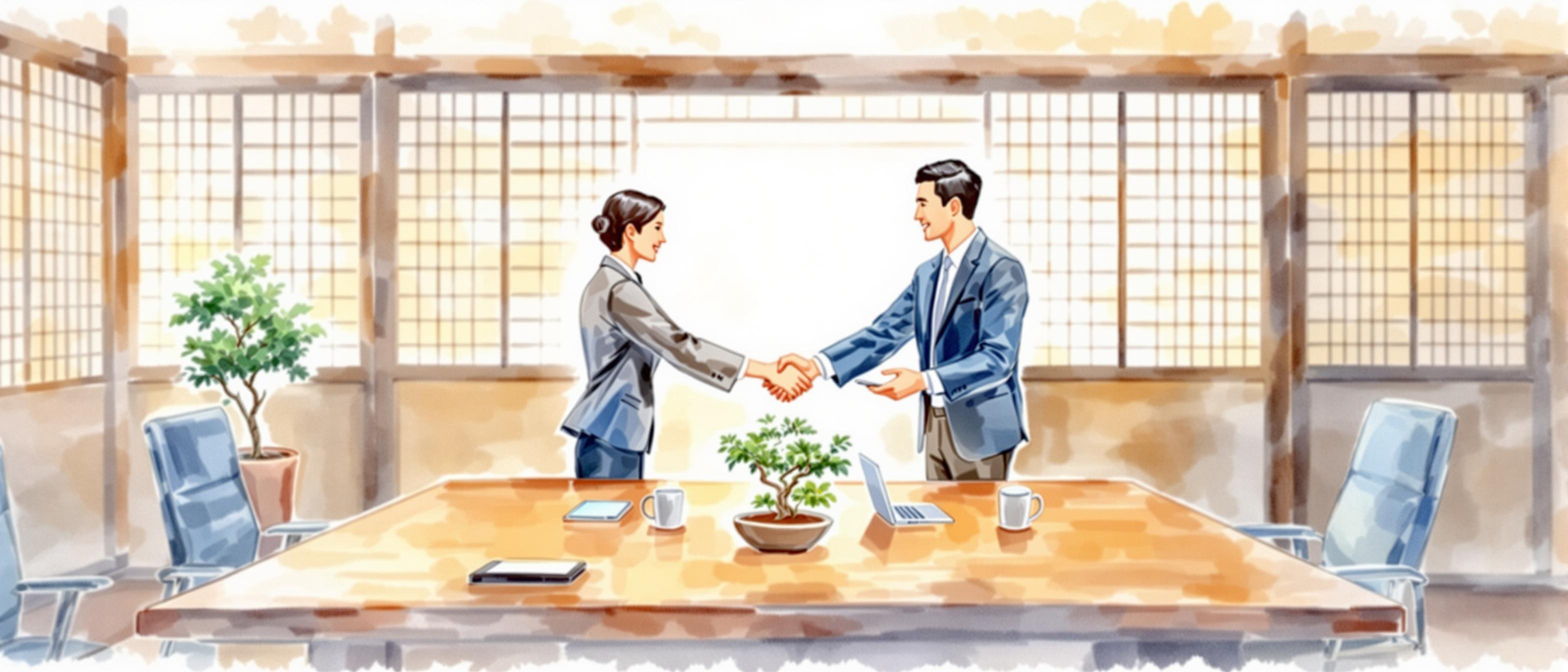 A watercolor painting of a thriving partnership between a SaaS provider and Japanese business users. The figures are exchanging hands over a traditional wooden conference table, with digital tools gently blended into the scene. Subtle touches like a small bonsai and digital screens illustrate the blend of modern SaaS technology and Japanese business culture.