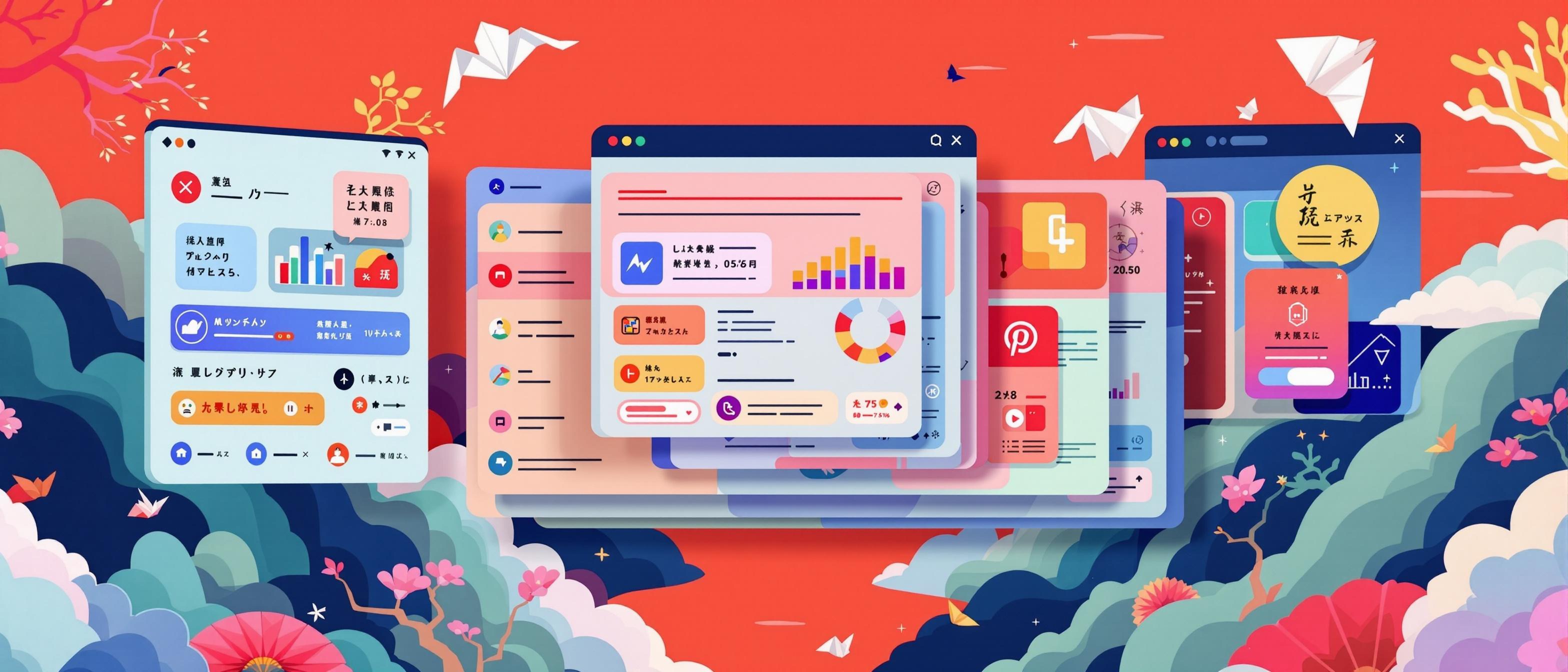 A persuasive pop_art-style user interface mockup adapted for Japanese users: a vivid, information-dense screen with layered application windows, Japanese kanji/katakana-style iconography (without actual text), and a harmonious color palette. The UI is set against a bold background featuring cultural motifs like origami, emphasizing usability, clarity, and cultural adaptation. No text, logos, or typographic elements present.
