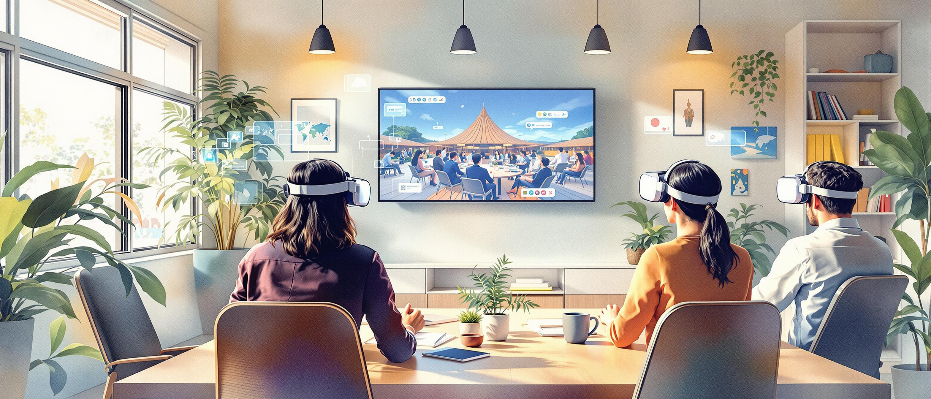 A watercolor composition illustrating a cozy workspace where employees from different backgrounds engage in a virtual reality onboarding session. The VR headsets allow the group to immerse in a Japanese business meeting simulation, with subtle digital overlays suggesting technology integration. The scene is creative, modern, and inspiring, with warm natural lighting and subtle nods to both Japanese and global workplace culture.