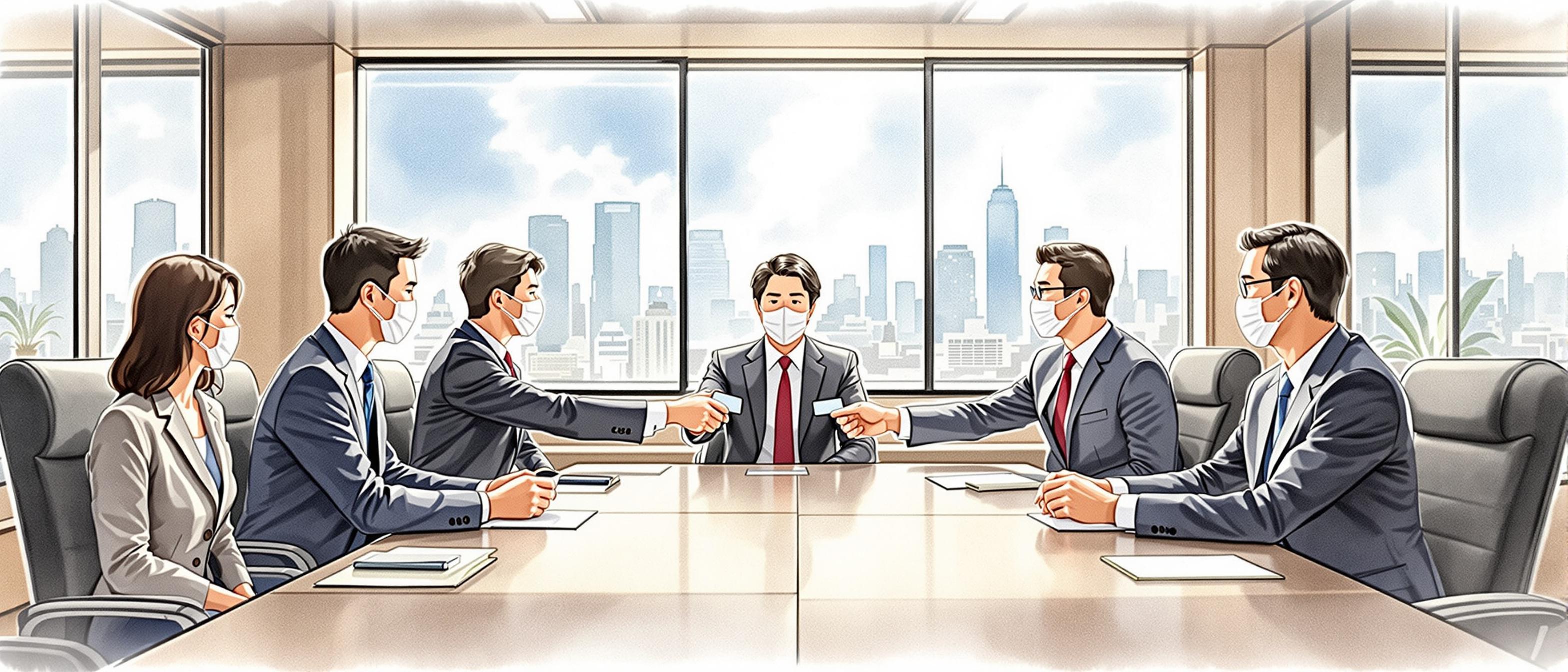 A watercolor scene showing a cross-cultural business meeting in a Japanese boardroom: Japanese and foreign business professionals sit around a large table, exchanging business cards respectfully, with formal attire and attentive postures. Light streams in from large windows showing a cityscape. The mood is respectful and detail-oriented.