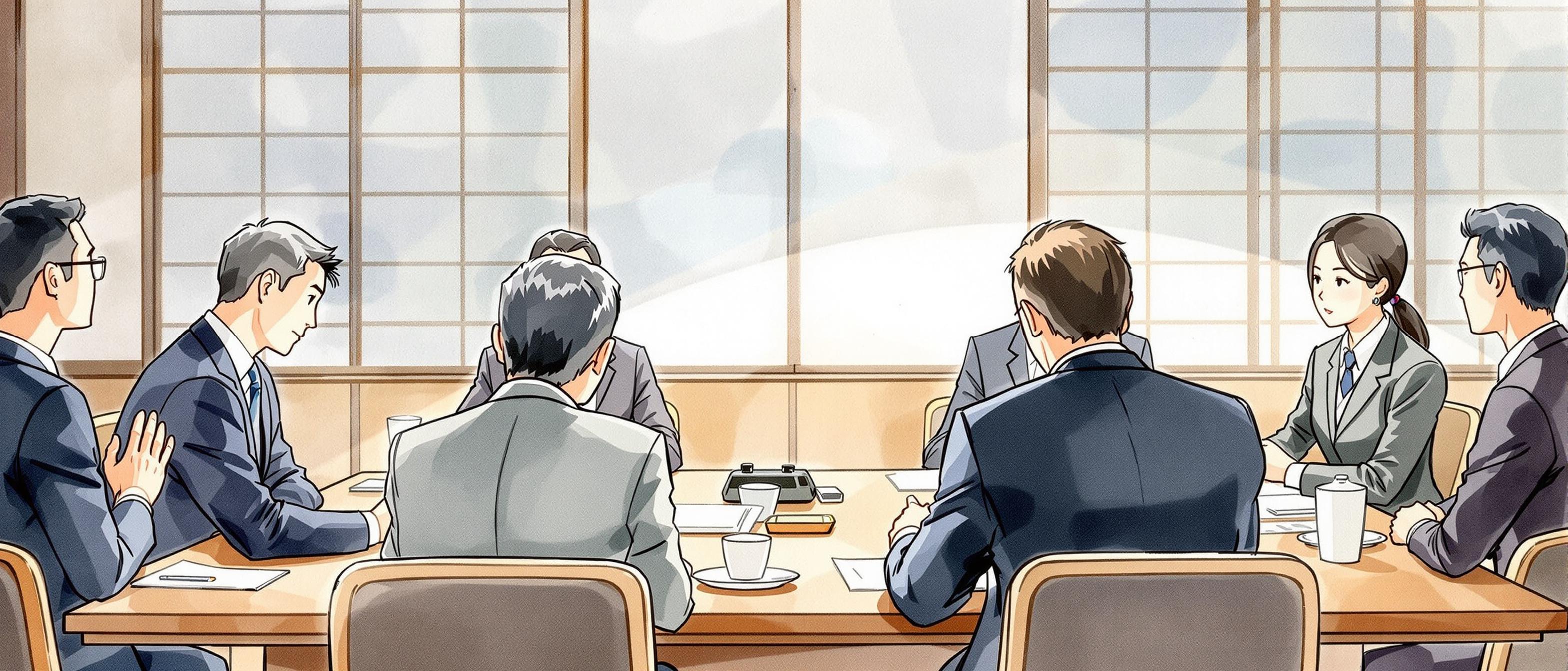 A watercolor illustration of a traditional Japanese business meeting room, with senior employees seated at the head of the table and younger staff respectfully listening and taking notes. The atmosphere should reflect formality and hierarchy, with participants in business attire and an organized, serene background suggesting order and respect.